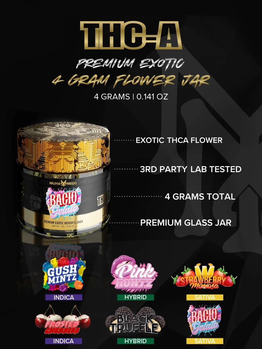 Bacio Gelato Muha Meds THC-A Exotic Flower Jar 4G - Image 2