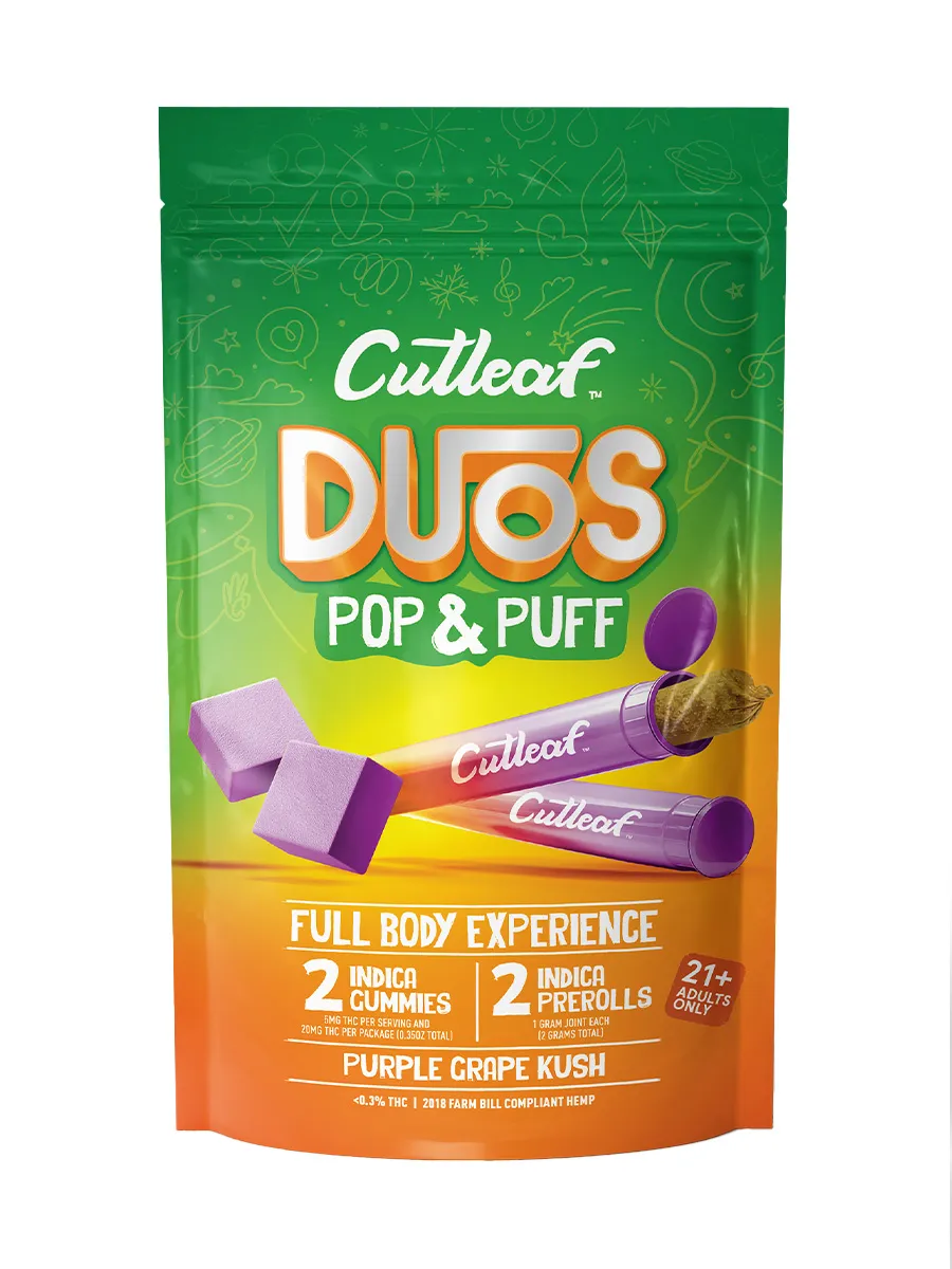 Purple Grape Kush Cutleaf Duos Pop & Puff THCA Pre-Rolls & Gummies 2ct